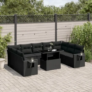 10-Piece Lounge Set with Cushions Poly Rattan Black