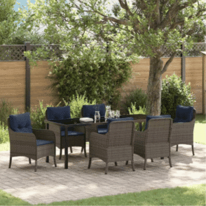 Garden dining table set with cushions 7 pcs Gray poly rattan