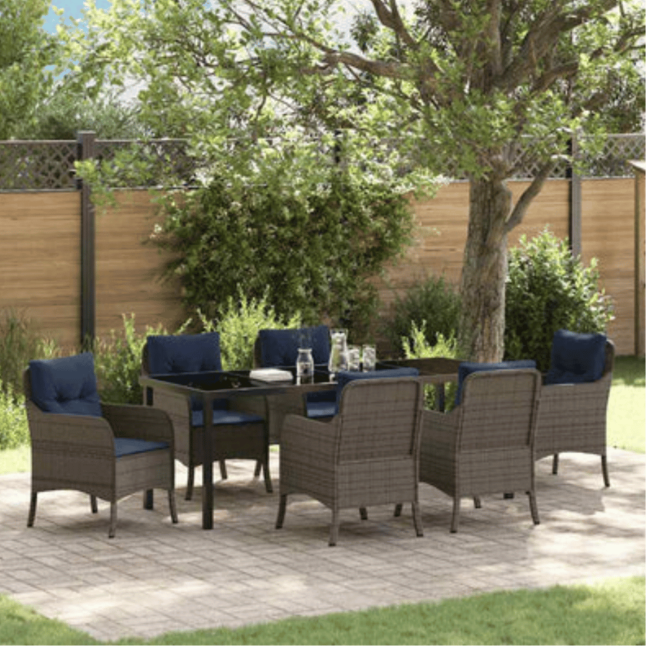 Garden dining table set with cushions 7 pcs Gray poly rattan